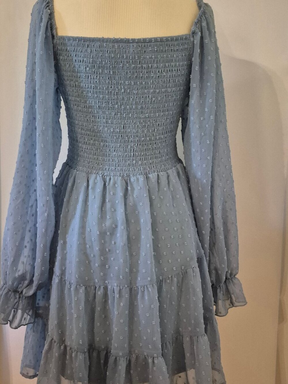 Altar'd State Oisin Babydoll Mini Dress Blue Smocked Swiss Dot Sheer Sleeve Boho - Picture 4 of 13
